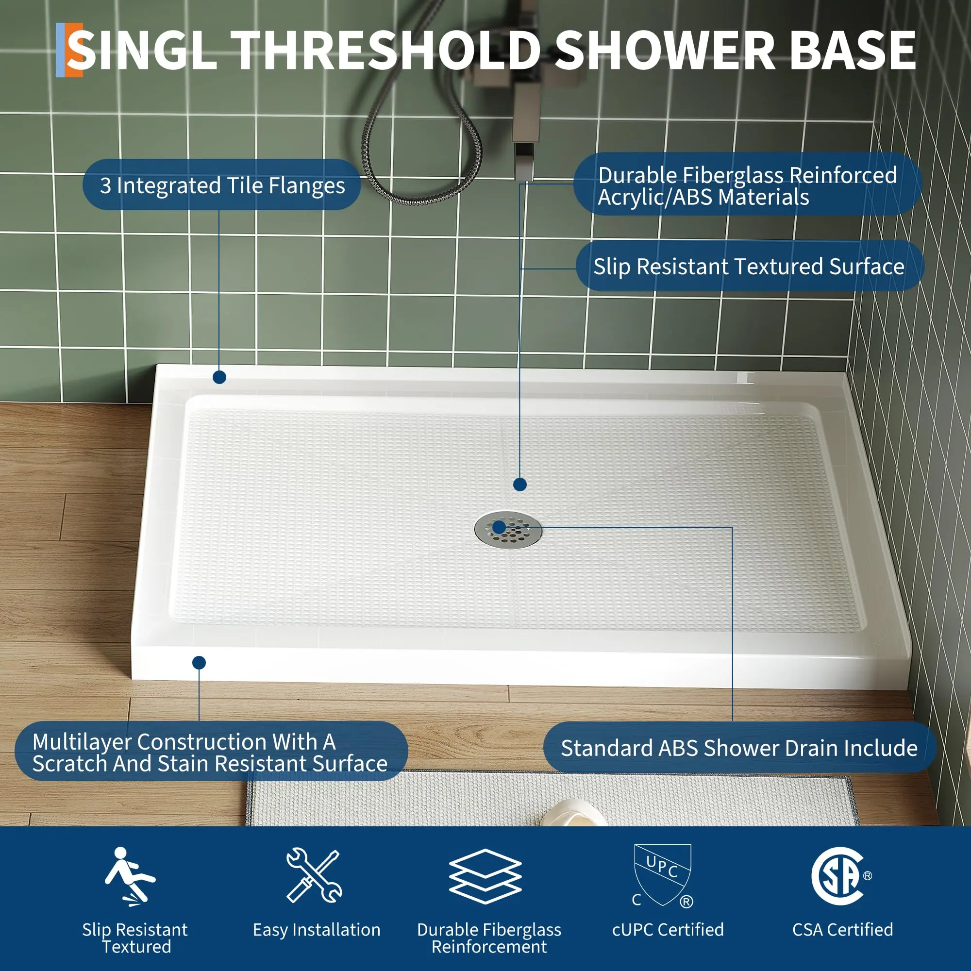 Garvee 48"x32" Shower Base Featuring Solid Structural Support, Premium Anti-Clog & Non-Rust Drain System, Leak-Proof Pan, and Non-Yellowing Surface for Durable Bathroom Solutions