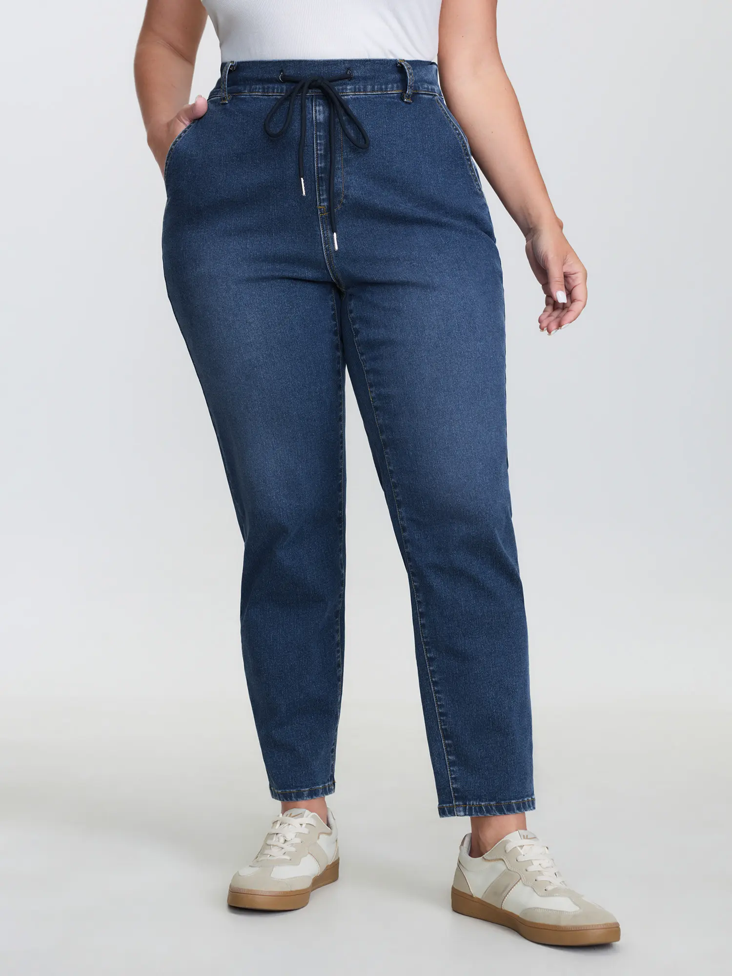 【Tummy control】BLOOMCHIC Plus Size Mid-Rise Stretchy Drawstring Boyfriend Jeans [M-6X] Fit Blue,Summerfinds