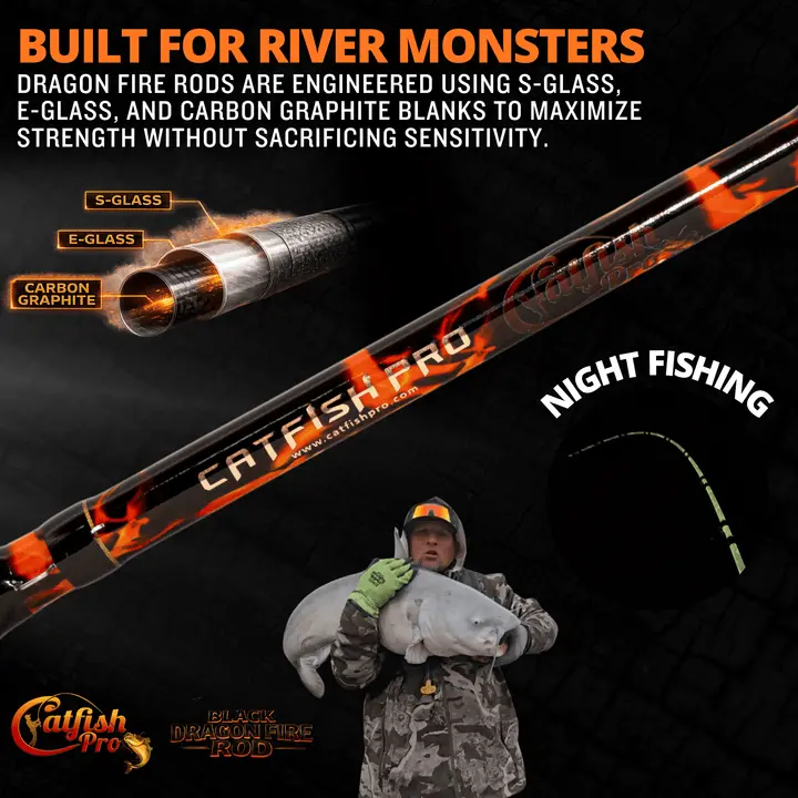 Catfish Pro Black Dragon Fire Spinning Glow Rod, 7’6” S-Glass E-Glass Graphite Blend, Non-Slip EVA Handle, Chrome Guides, 600STS Reel, Glow-in-the-Dark, Fishing Reel