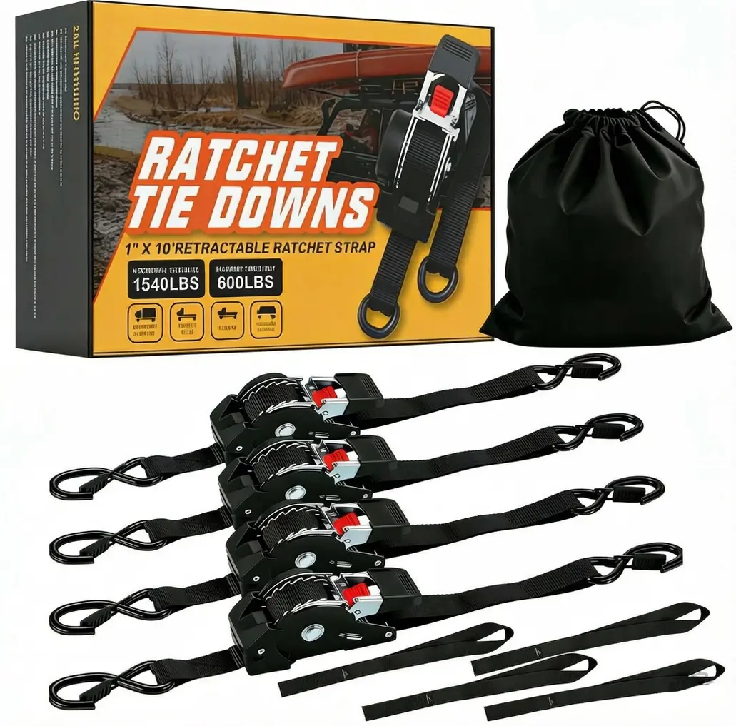 4 Pack Retractable Ratchet Straps, 1763lb Break Strength Self Retracting Ratchet Straps Heavy Duty with Soft Loops, 10FT Auto Tie Down Straps Easy Retract for Motorcycle, Truck, Securing Cargo