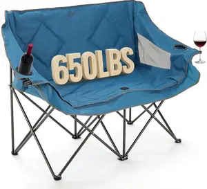 COSTWAY Double Camping Chair, Folding 2-Person Couch w/2 Cup Holders, Dual Back Pockets, Heavy-Duty Metal Frame, Oversized Duo Lawn Chair for Adults, Perfect for Backyard, Patio, Beach