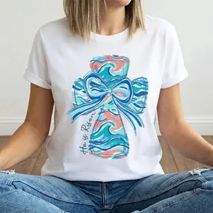 Vibrant Cross and Bow Design Cotton Casual Round Neck Short Sleeve Summer T Shirt Featuring He Is Risen Print Perfect for Easter Machine Washable