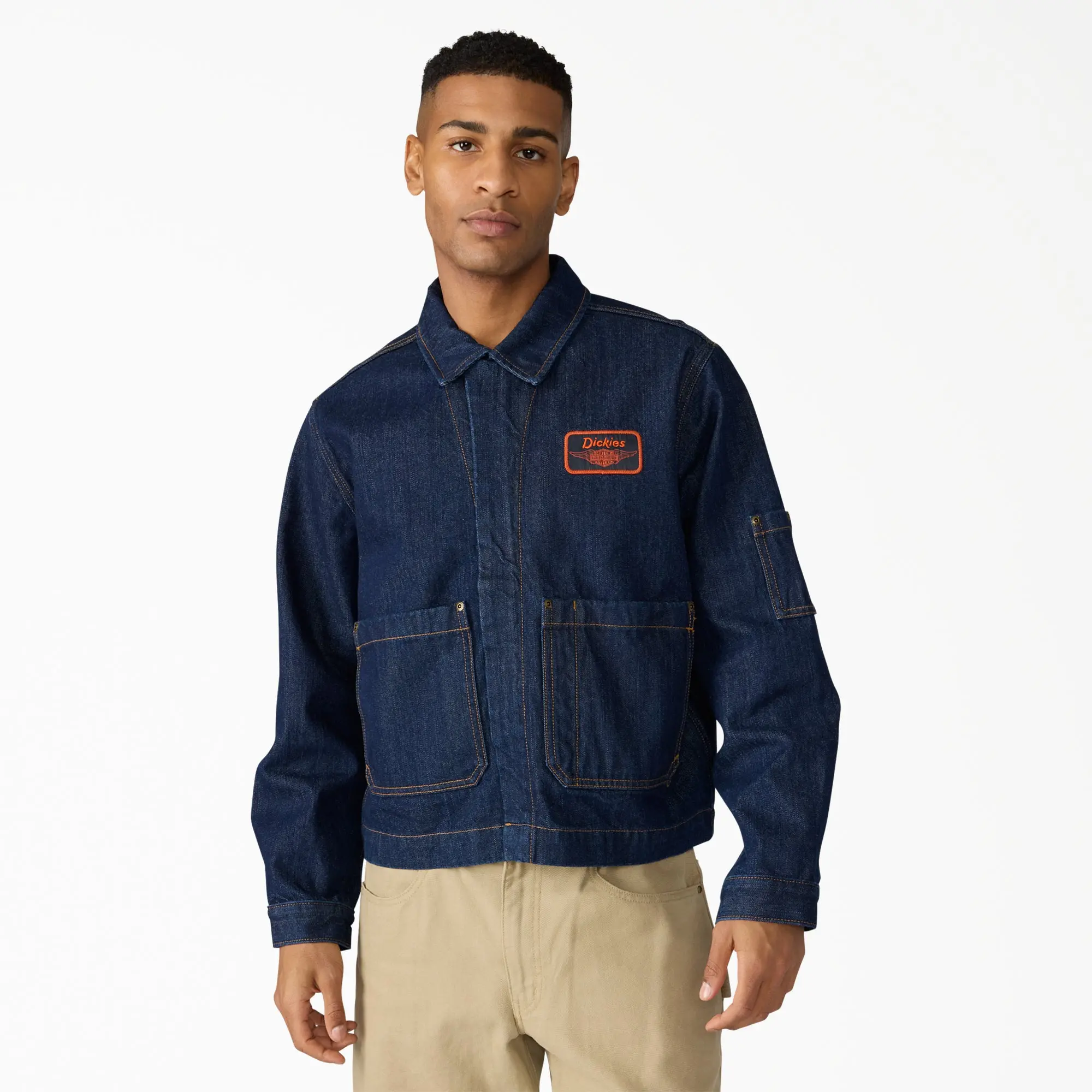 Dickies x Harley-Davidson® Boxy Fit Embroidered Denim Jacket,Graphic Print Embroidered Logo, Workwear Style Classic Cotton