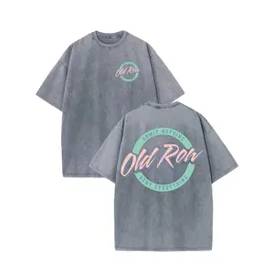Men’s vintage washed wax-print T-shirt with double-sided crew neck logo letter print; street-style retro crew-neck short-sleeve T-shirt; summer gray/blue-green knit men’s top