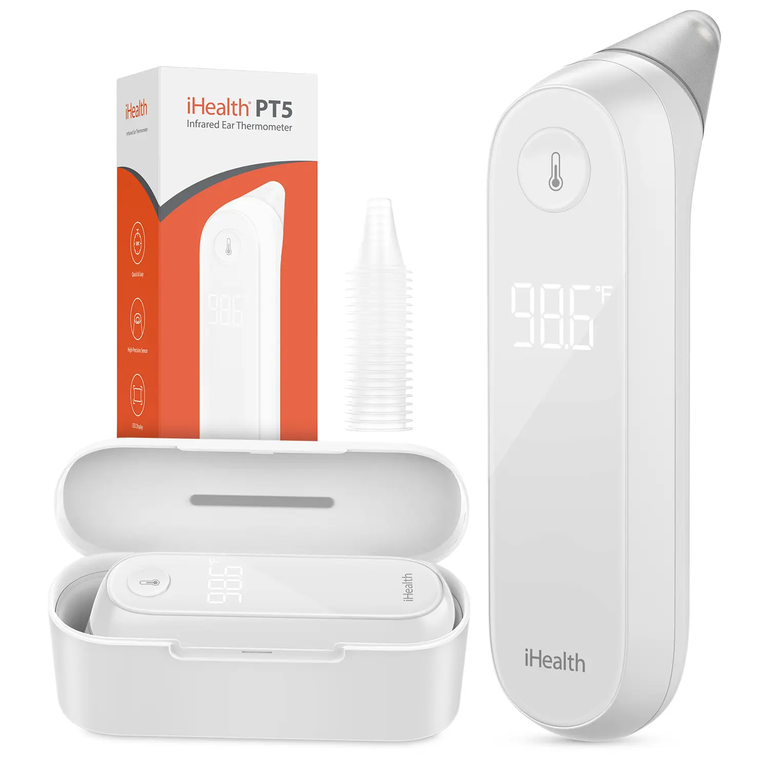 iHealth Digital Ear Electronic Thermometer Kit, HSA/FSA Eligible Healthcare Device, 1-Second Instant Read Infrared Tool, Pre-Warmed Tip, 21 Disposable Lens Filters & Organizer Case for Babies & All Ages, Instant Read Thermometer