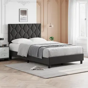 Garvee Twin Size Platform Bed Frame With Upholstered Headboard, Linen Fabric Upholstered Bed Frame With Adjustable Headboard, Wood Slat Support and Strong Metal Bed Frame, Noise Free, Grey (Twin)