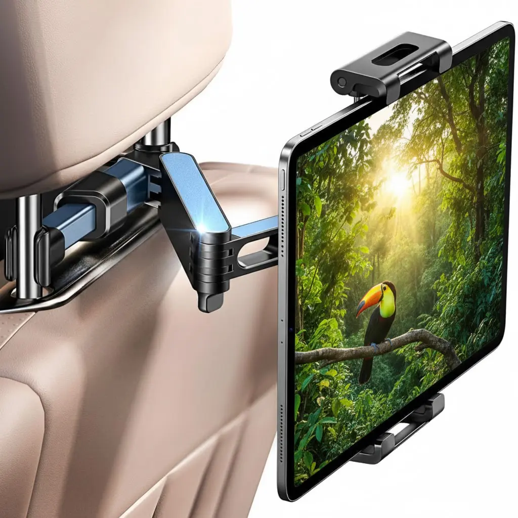 360° Rotating Car Headrest Tablet Holder, Adjustable Backseat Mount for Tablets & Phones 5.5–18.4 Inch, Cell Phone Holder For Car, Adjustable Smartphone Clamp