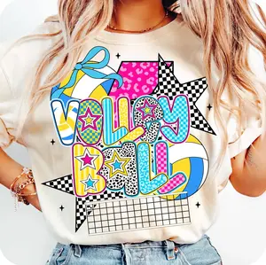 Preppy Volleyball Shirt, Colorful Game Day Volleyball Graphic Tee, Retro Sports Fan Style, Soft Cotton, Made In USA, For Youth & Adult