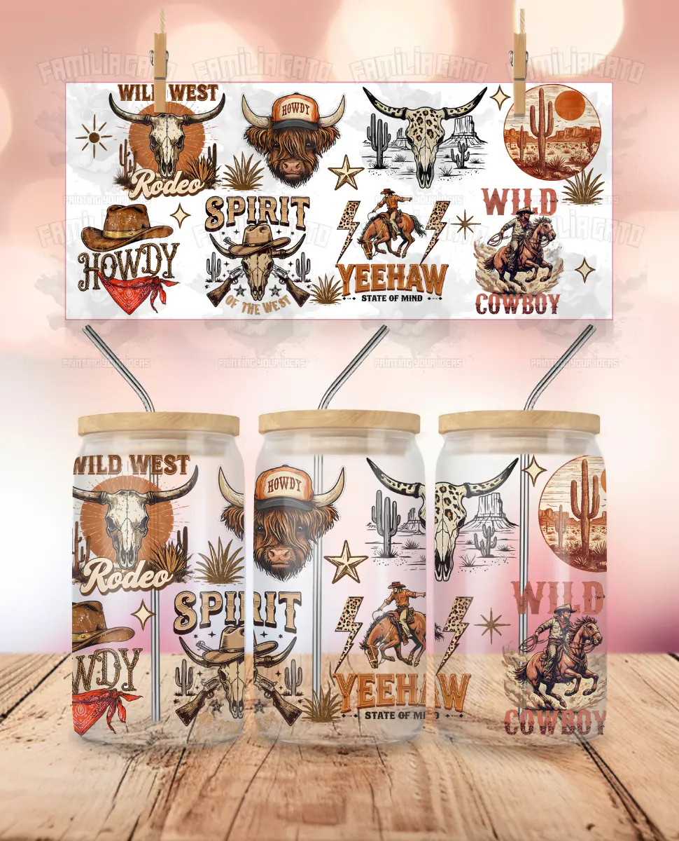 Western Cowboy Spirit UVDTF Sticker Wrap, Craft Supplies For 16 oz Libbey Glass Cup