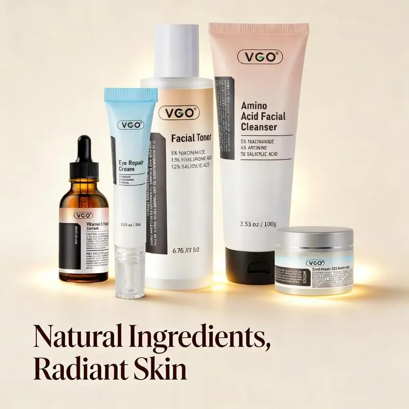 VGO 5-in-1 Daily Facial Care Kit - Travel Pack with Gentle Cleanser, VC Serum, and Lightweight Moisturizing Cream for All Skin Types, All‑Skin Friendly