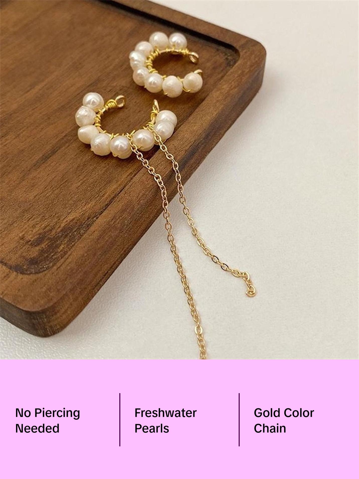 No Piercing Natural Pearl Ear Climber - Arc Gold Dangle Conch Helix Cuff Earrings