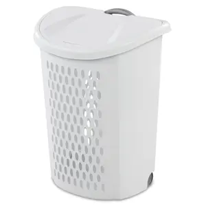 Sterilite Ultra Wheeled Laundry Hamper – 2 Bushel Capacity, Retractable Handle | White