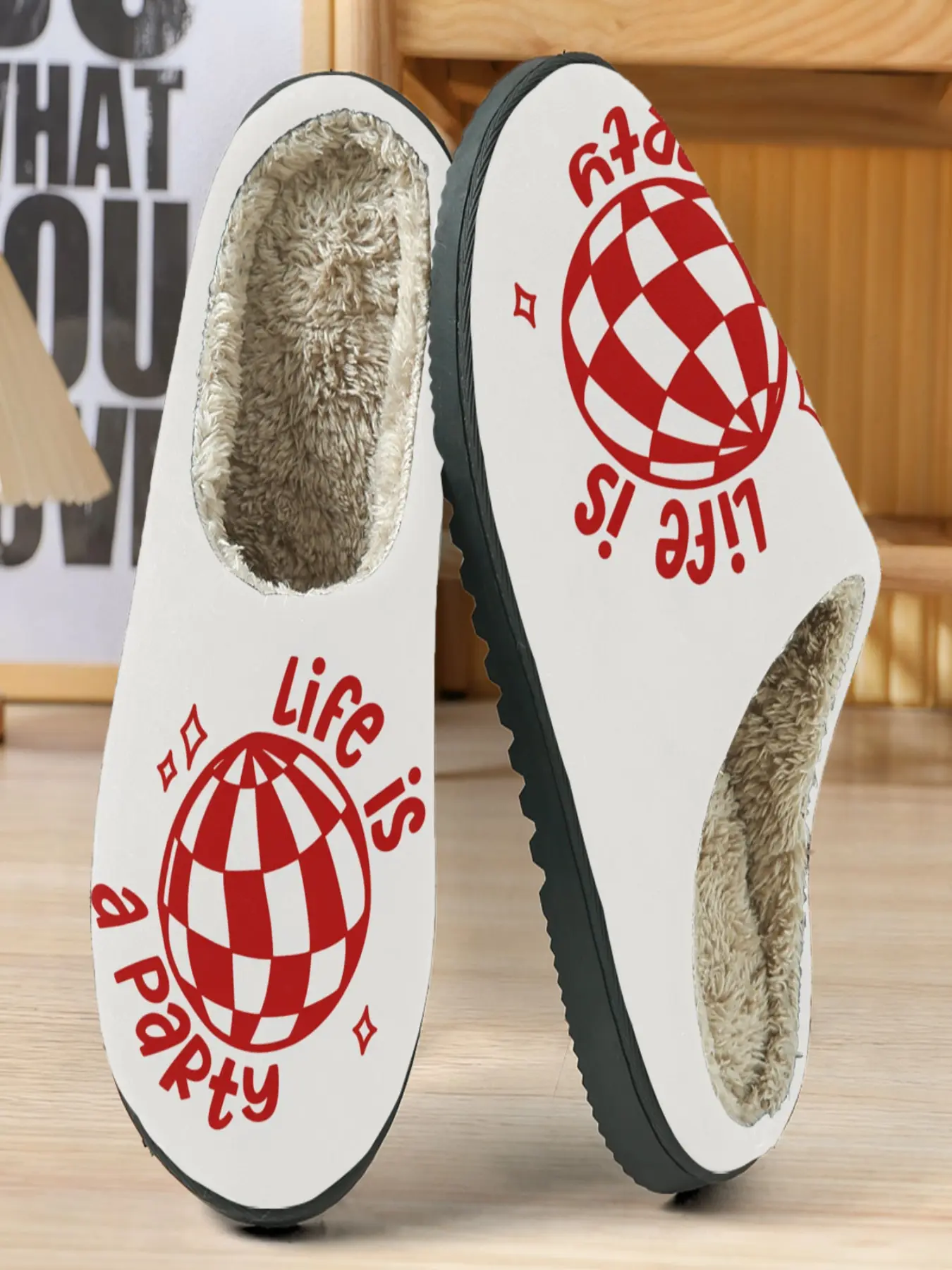 Vintage Cool Cotton Slippers, Block, Chessboard Pattern, Life Is a Party Slogan, Soft Plush Lining, Casual Home Wear