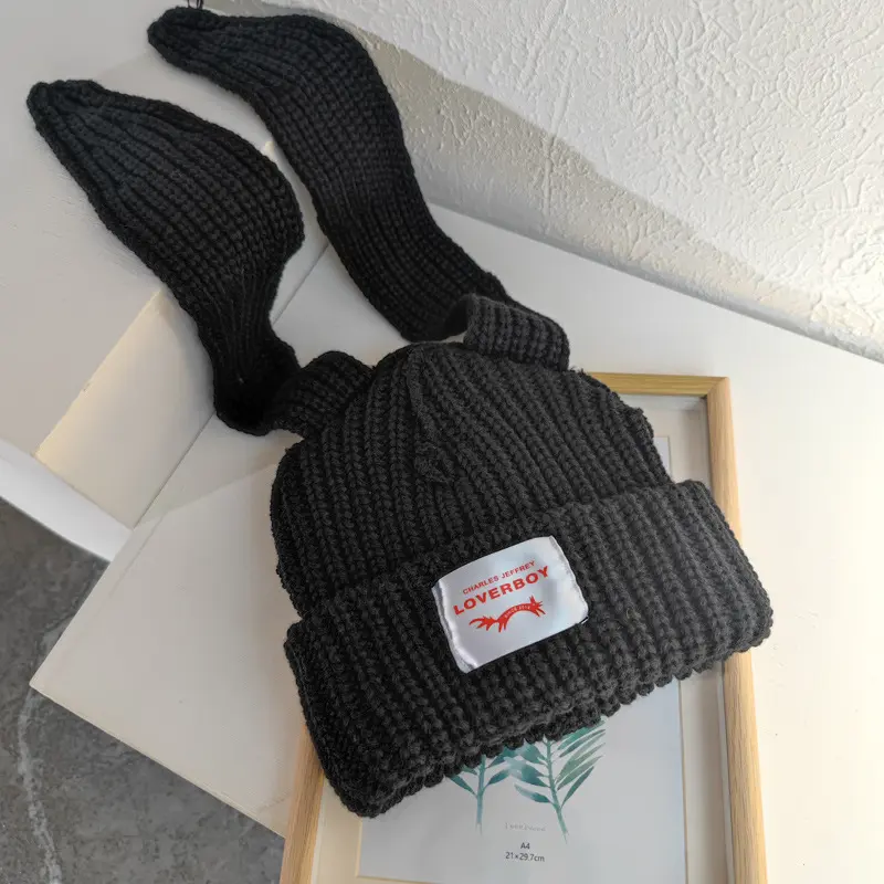 Korean Style Cute Bunny Long Ears Knitted Beanies Hat for Women, LOVERBOY Casual Y2K Soft Comfortable Funny Hats,Winter Warm Thickened Ear Protection Cold Weather Beanie Fashionable Autumn Durable