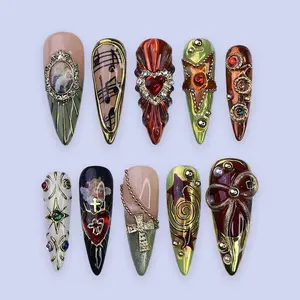 Christmas Baroque Red Gold Press On Nails | Vintage Heart Cross Acrylic Nail Art | Handmade Luxury Nails for Holiday Events, Winter Parties or Gifts