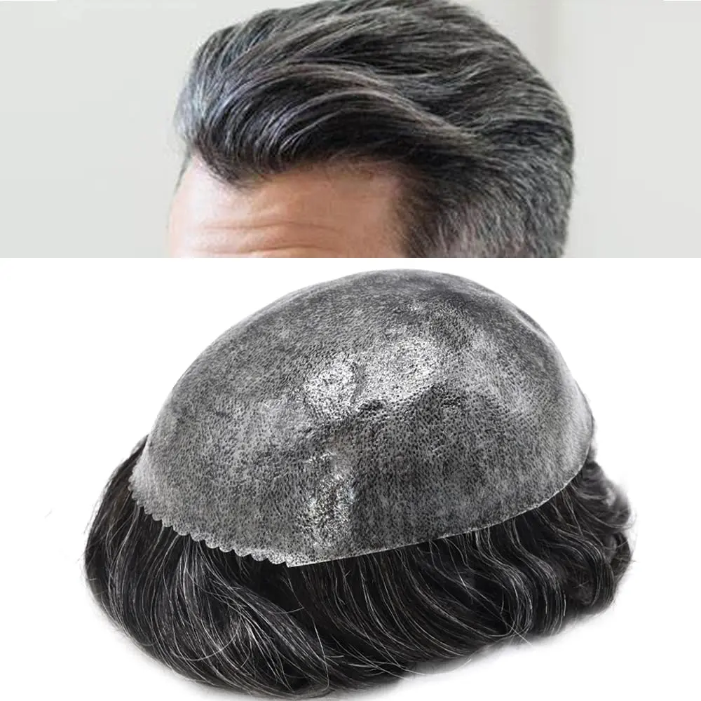 Mens Toupee Full Poly Skin Hairpiece Toupee for Men Real Human Hair Replacement System Mens Wig Durable Full Poly Mens Hair System Black Brown Blonde Mixed Grey Hair Pieces for Men Hair Unit Protesis Capilar Hombre