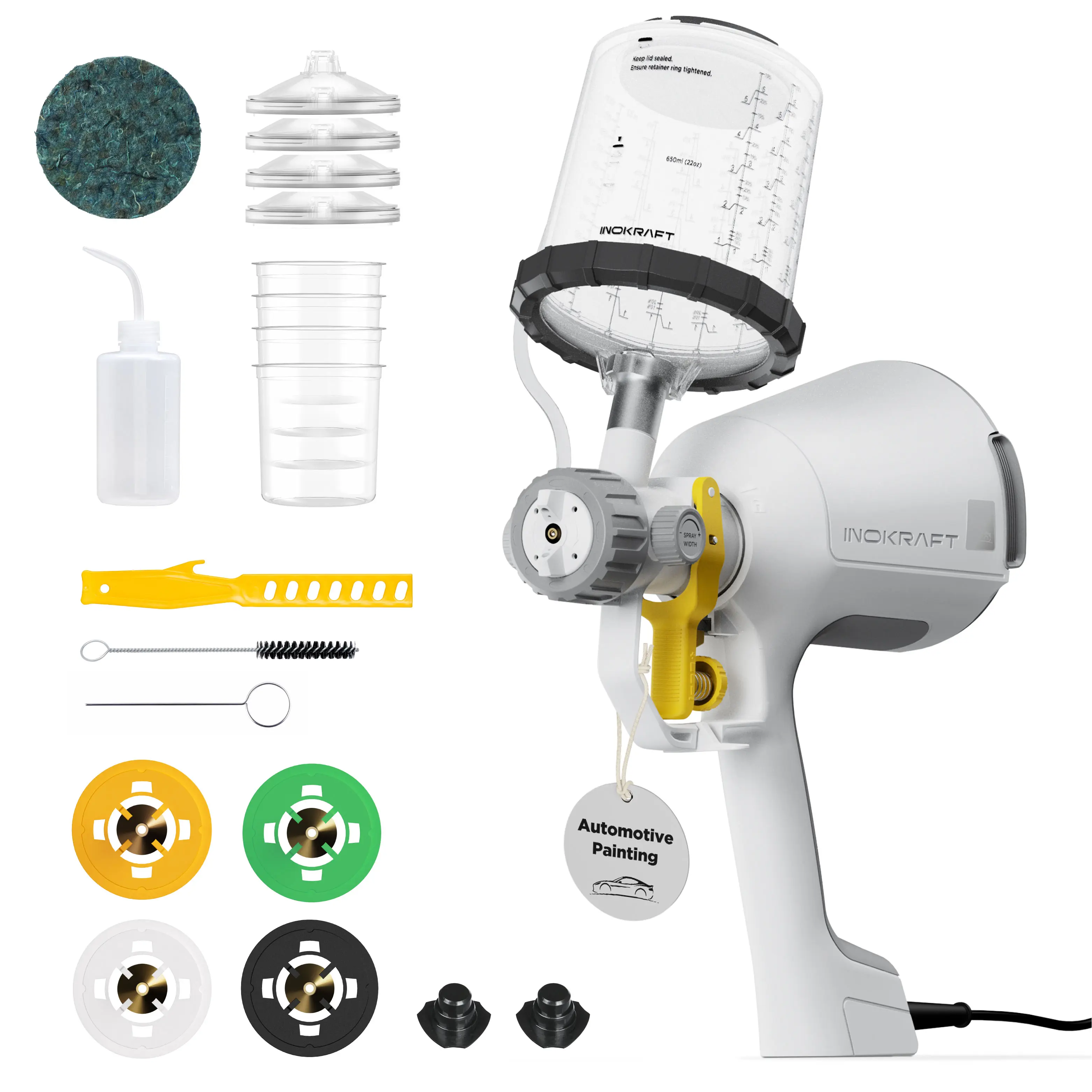 InoKraft Drizzle X Handheld Paint Sprayer - 800W Power Compressor-Free Tool, 22 oz Gravity Feed Cup, 1.0/1.3/1.5/1.8mm Nozzles, 16.4 ft Cord, 5 Disposable Inner Cups, Car Tools for Automotive Spot Refinishing