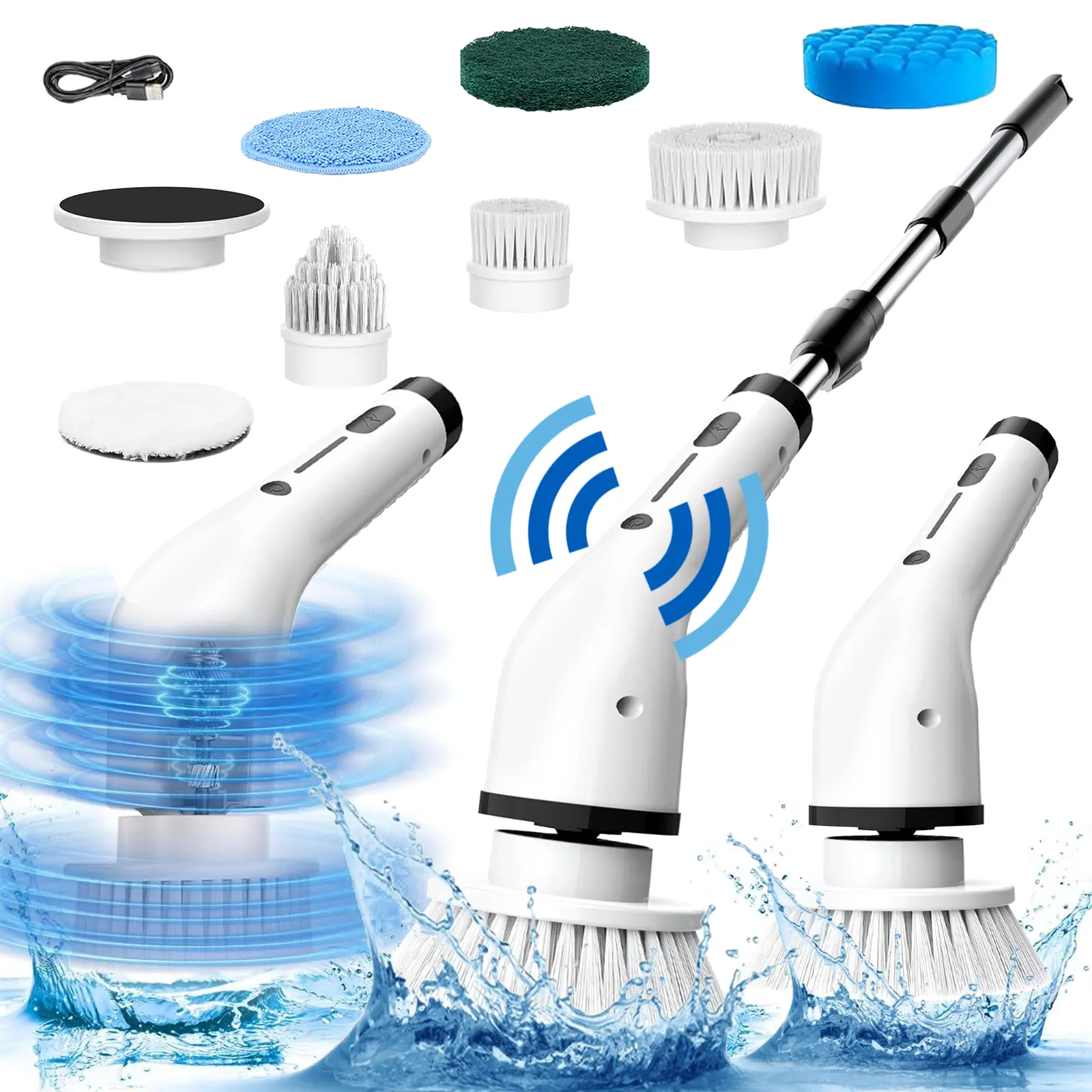 Electric Spin Scrubber, Cordless Shower Scrubber IPX7 Waterproof Power Scrubber, Electric Cleaning Brush with 9 Replaceable Brush Heads, Adjustable Extendable Handle, 5 Speed Modes for Bathroom, Shower, Tile, Tub, Kitchen & Household Cleaning Supplies