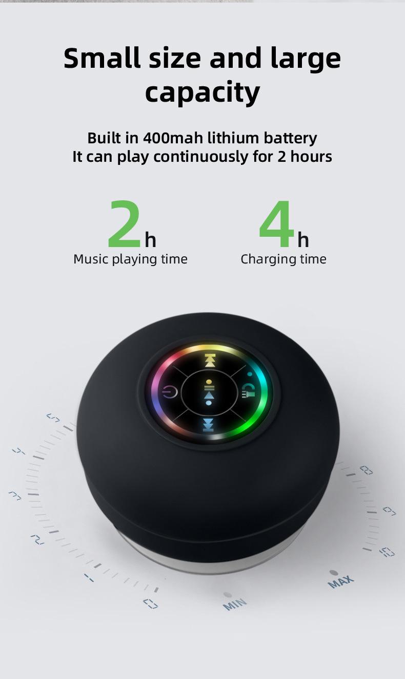 Waterproof Speaker Portable Suction Cup with LED Lights Rechargeable Bluetooth-compatible for Home Bathroom Outdoor Shower Black Wireless Speaker，hands-free