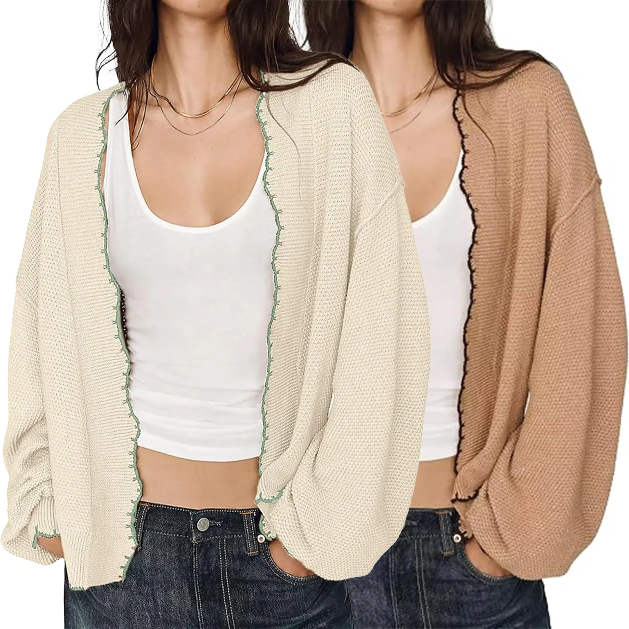 Wandal Women’s Knit Scalloped Cardigan Contrast Trim Open Front Sweater, Oversized Balloon Sleeve Casual Layering Top