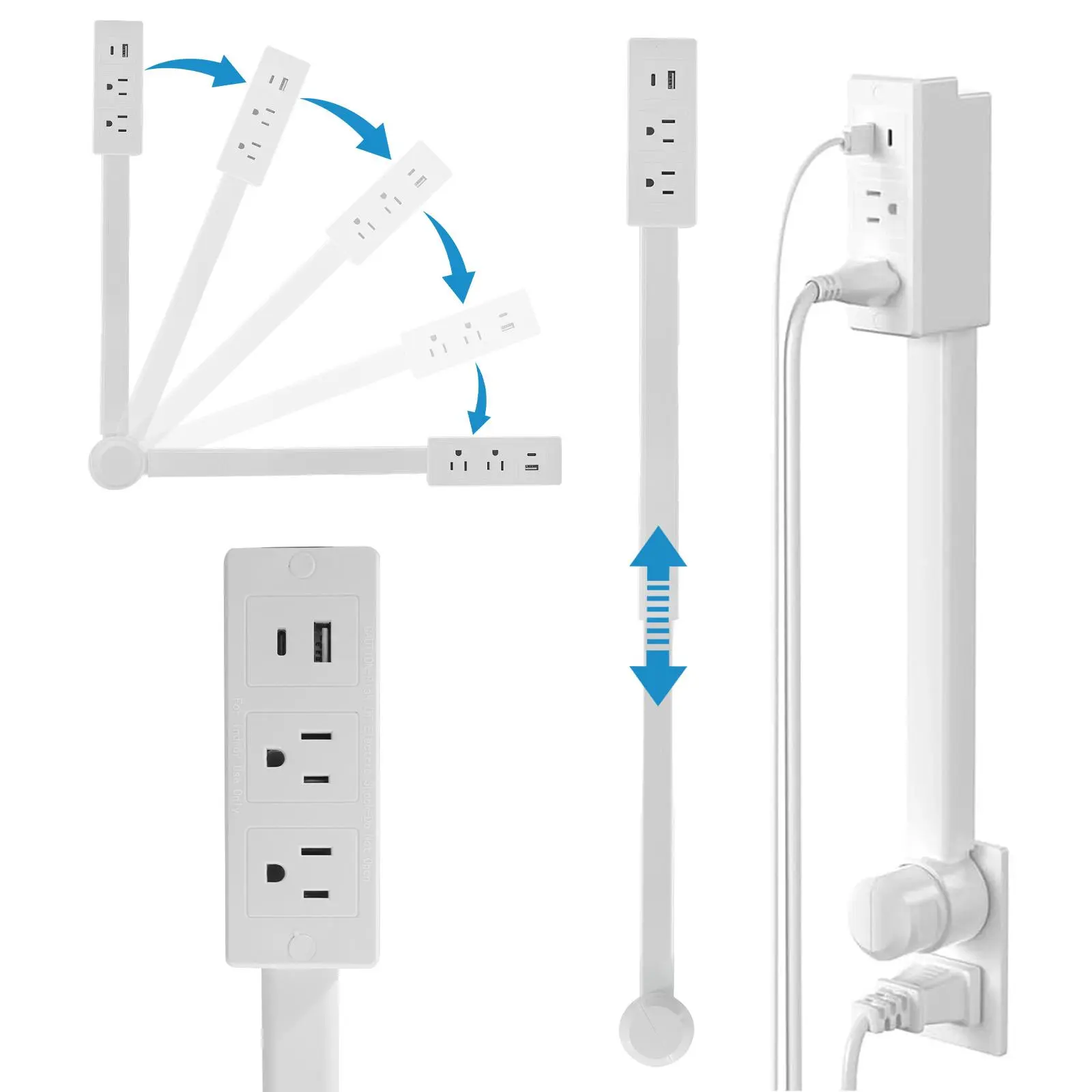 Power Outlet Extender with USB-A, USB-C, and 2 AC Outlets Extends From 18 Inches To 26 Inches and Rotates 180°, Adjustable Power Outlets, Outlet Splitter Expander