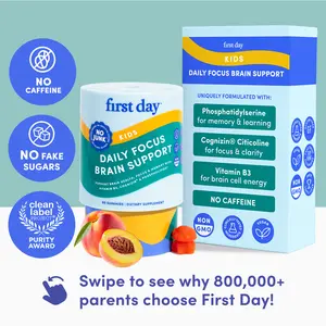 FIRST DAY Kids’ Daily Focus Brain Support Caffeine-Free Gummies – Cognitive Support for Concentration, Focus, Memory, and Overall Brain Health – with Cognizin™, Sunflower Phosphatidylserine & Vitamin B3 – 30-Day Supply