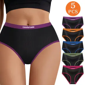 QUASTI 5-Piece High-Waisted Cotton Seamless Color-Blocked Lettering Women's Briefs, Soft, Comfortable, High-Elasticity, Breathable, Full-Coverage Panties, Elegant Women's Underwear, Sizes S-XXL