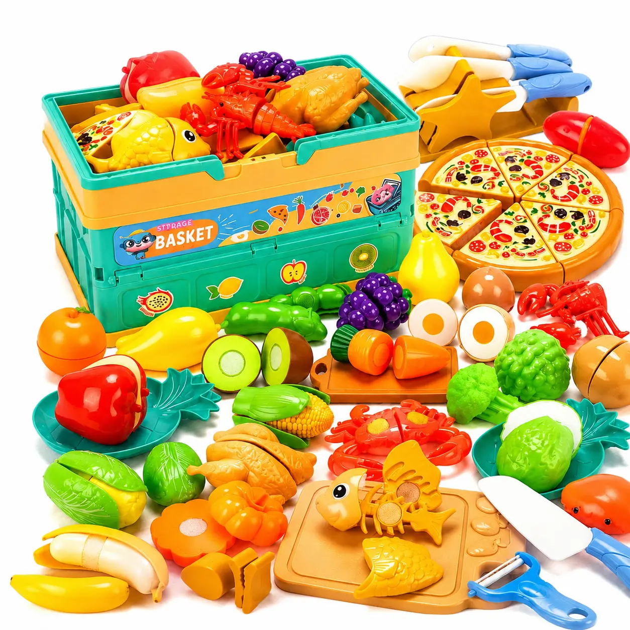 Kids Kitchen Cutting Food Toy Set - Toddler Toys with Realistic Play Food (Vegetables, Fruits, Pumpkin, Carrot, Corn, Grapes, Pears, Turkey, Lobster, Sweet Potato, Broccoli), Cutting Board, Educational Picnic Role Play for 3-6 Year Olds, Toddler Gifts, Gu