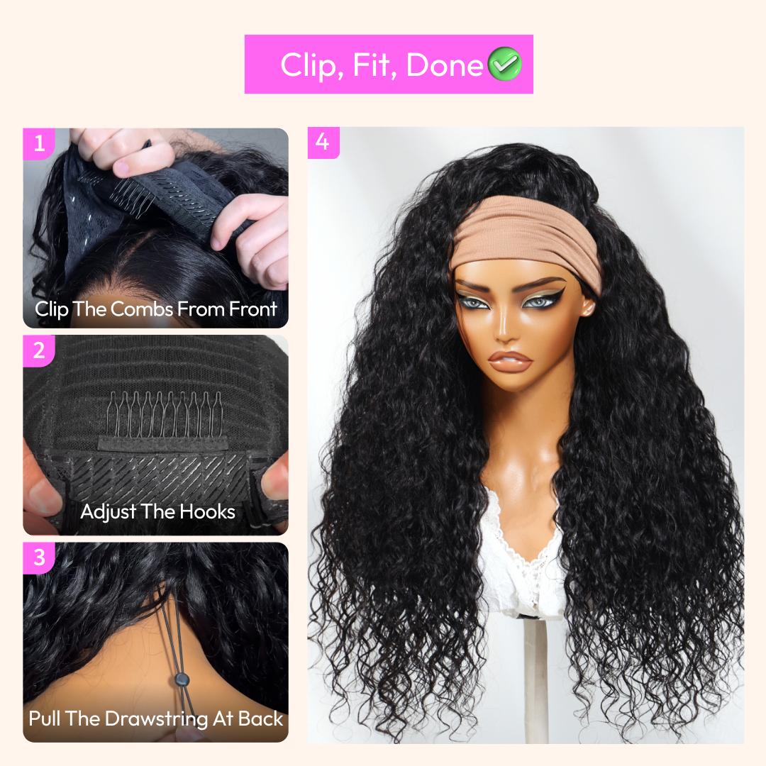 UNice Zero Stress Upgrade Water Wave Headband Wig Human Hair with Drawstring Glueless No Slipping Secure All Day Wigs for Beginners Friendly SpringStatements