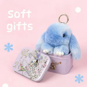 2026 New Handmade Bunny Keychain with Gold-Tone Clasp in Tin Box Adorable Plush PomPom for Stocking Stuffers Cute Gifts for Girlfriend and Mom Soft Plush Toy for Kids & Adults Mother's Day Gift,Easter
