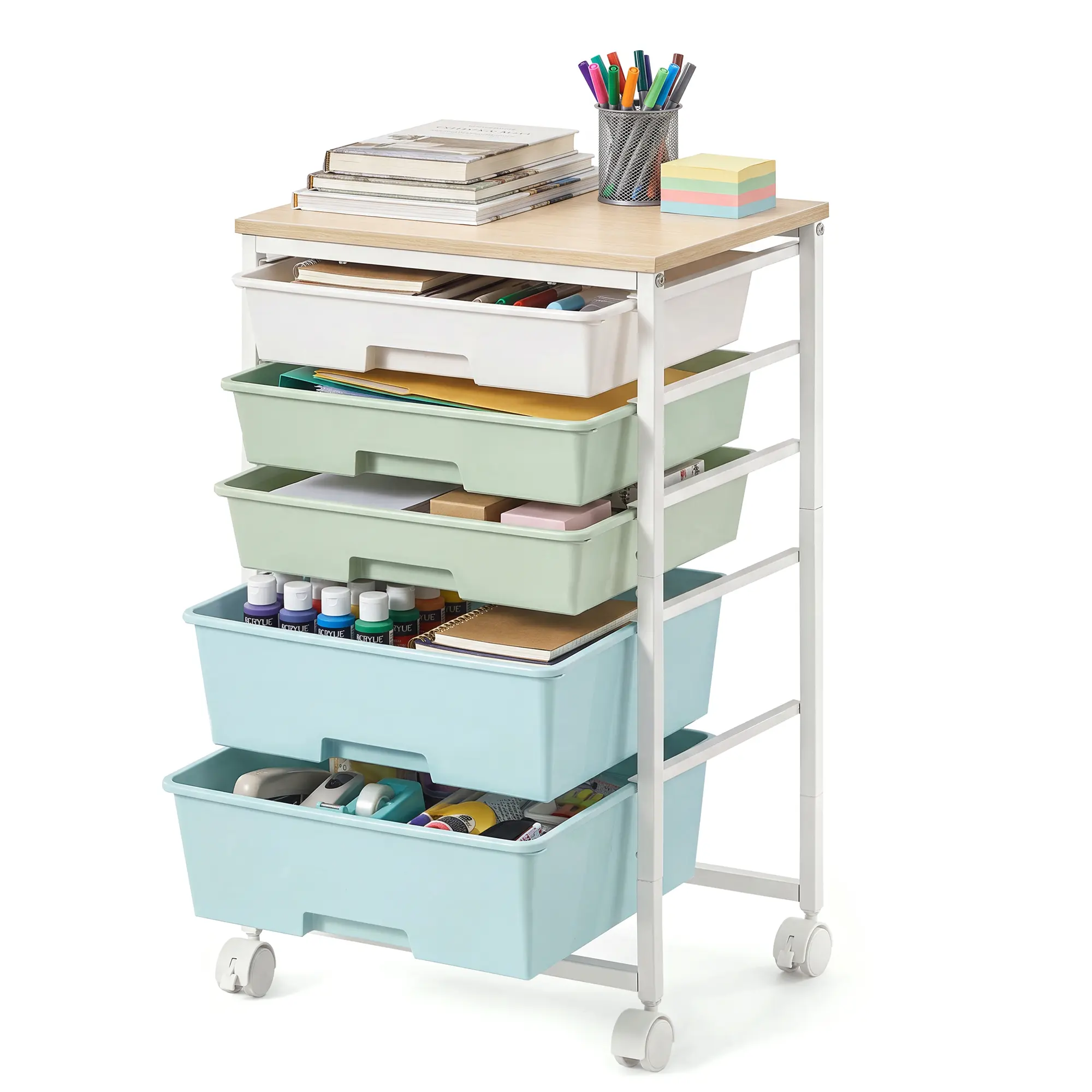 VASAGLE 5-Drawer Rolling Storage Cart with Rolling Wheels, Wood+Metal Frame & Wood Top, Home Organizer Racks Trolley for Craft/Office, 15.6x11.2x24.8"