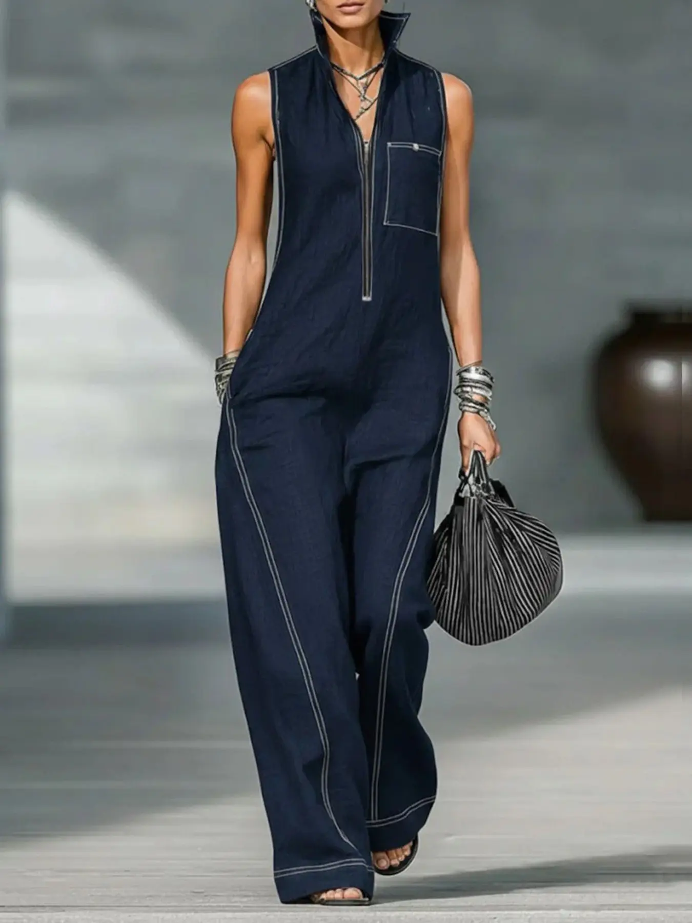 Women's Casual Style Loose-Fit Baggy Jumpsuit Overalls, Sleeveless Zipper Design, Solid Color, All-Season Wear for Office and Parties, Womenswear