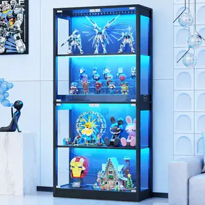 Display Cabinet with Glass Doors 4-Tier 7 Vibrant Colors 3 Dynamic Lighting Modes HD Glass Storage Cabinet with Human Body Sensor for Curio Trophy Collectibles Sleek Handleless Design Dazzling LED Showcase