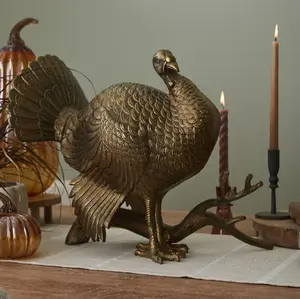 E+E Collection Antique Gold Merriam Turkey Perched Branch Thanksgiving Centerpiece Fall Tabletop Decor