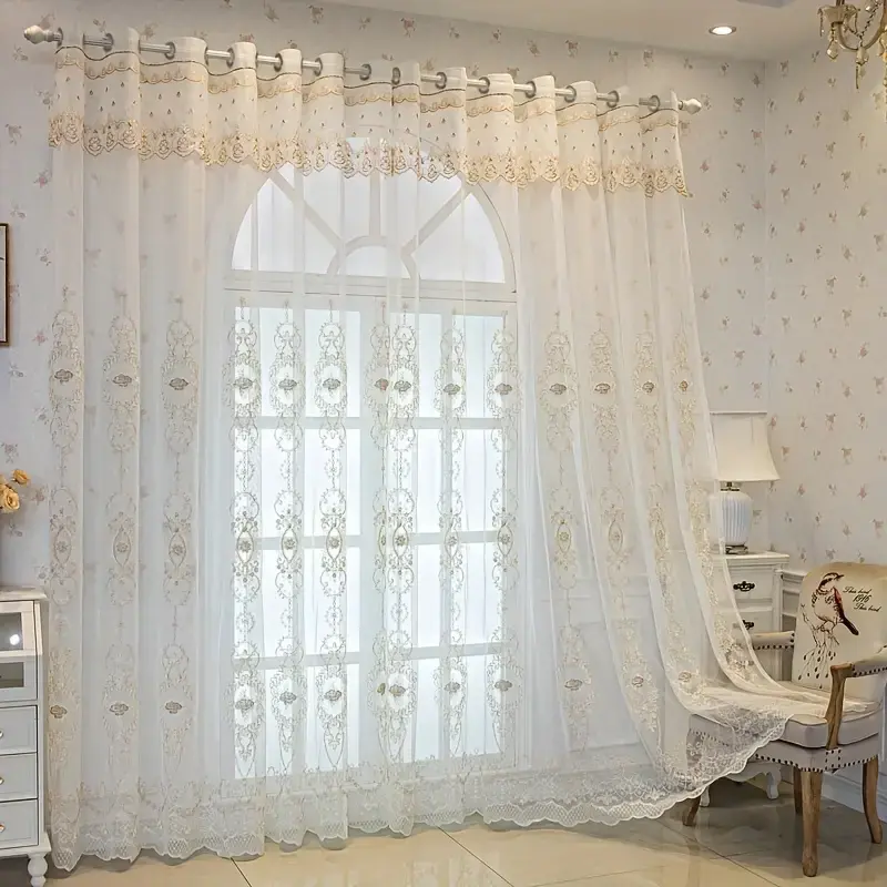 2-Panel Sheer Fabric Grommet Top Curtains, White Lace Breathable Light Filter Drapes, Delicate Gold Floral Embroidery, 132x260cm[52inx104in] for Sliding Glass Door, French Country Pastoral Vintage Window Decor (Do Not Bleach, Dry in Shade), Transparent Ga
