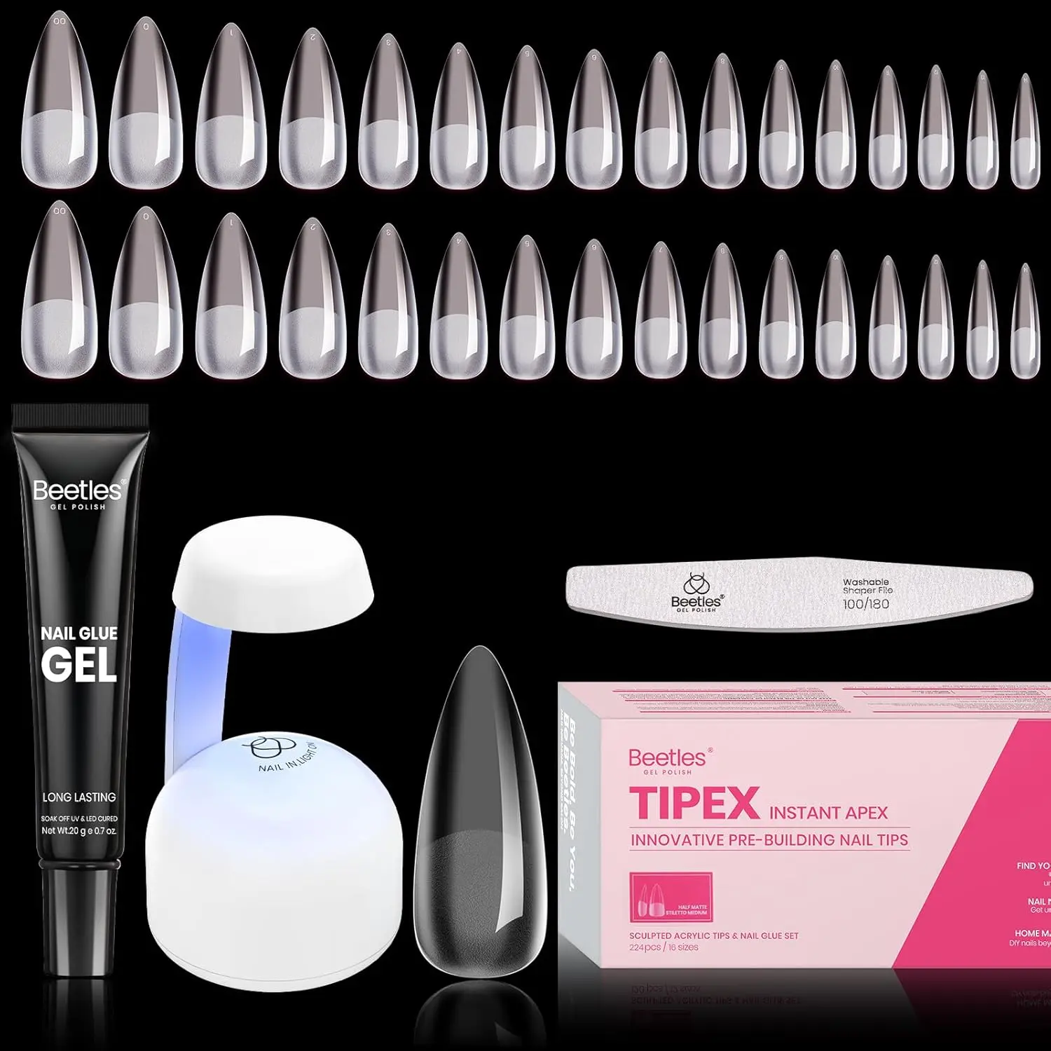 Beetles Tipex Instant Apex Nail Tips Thick Acrylic Nail Set for Flat Nails Manicure No Base Gel Included Stiletto Square Almond Coffin Nail Tips Nail Art DIY Gift for Women summervibes