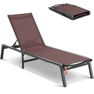 VEVOR Chaise Lounge Chair Outdoor,  , Aluminum Patio Lounge Chair with Adjustable 5-Position, Folding Pool Lounge Chair Recliner and Full Flat Tanning Chair for Patio, Beach, Pool, Brown