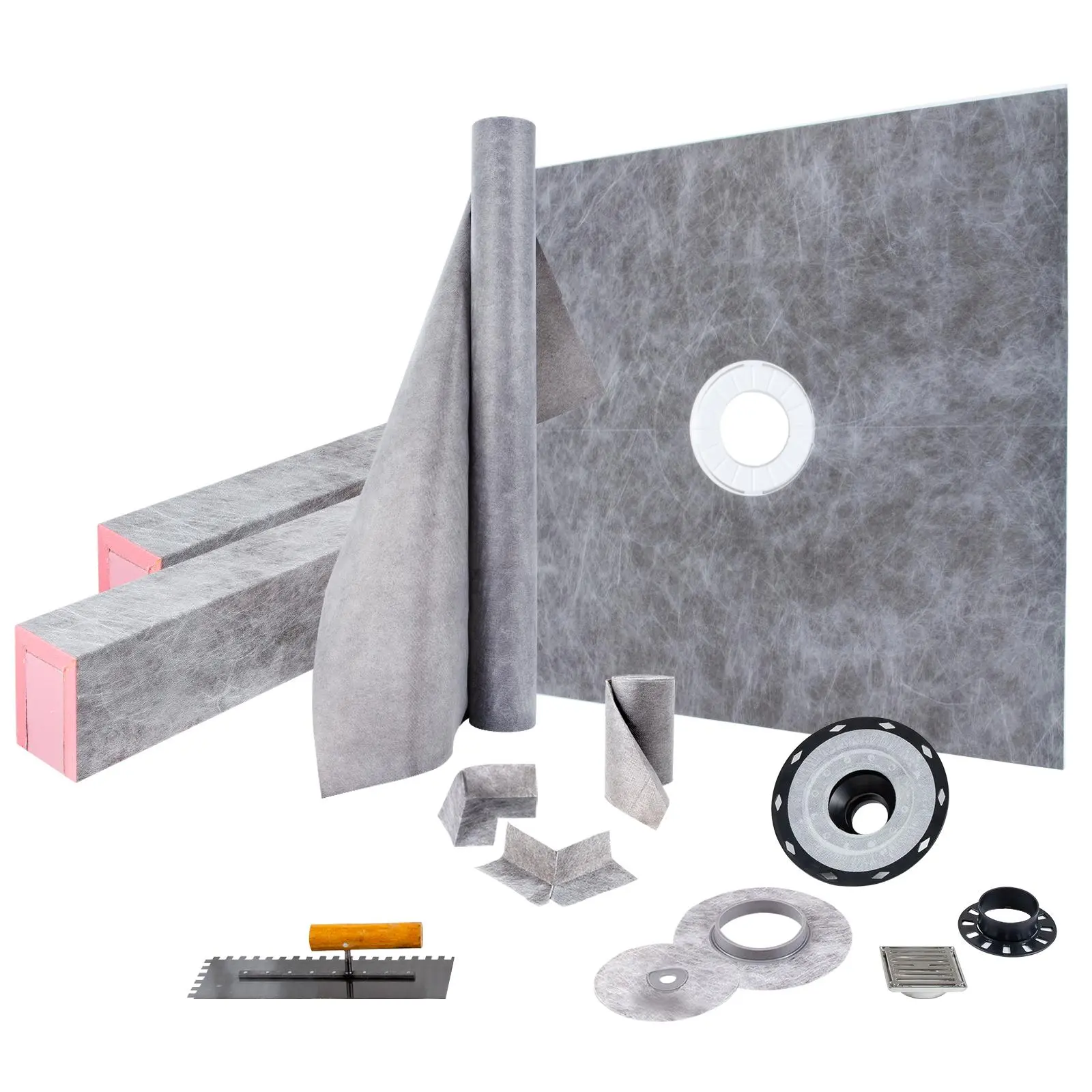 【FathersDayGift】VEVOR Shower Curb Kit,  , 48\"x48\" Watertight Shower Curb Overlay with 4\" ABS Central Bonding Flange, 4\" Stainless Steel Grate, 2 Cuttable Shower Curb and Trowel, Shower Pan Slope Sticks Fit for Bathr