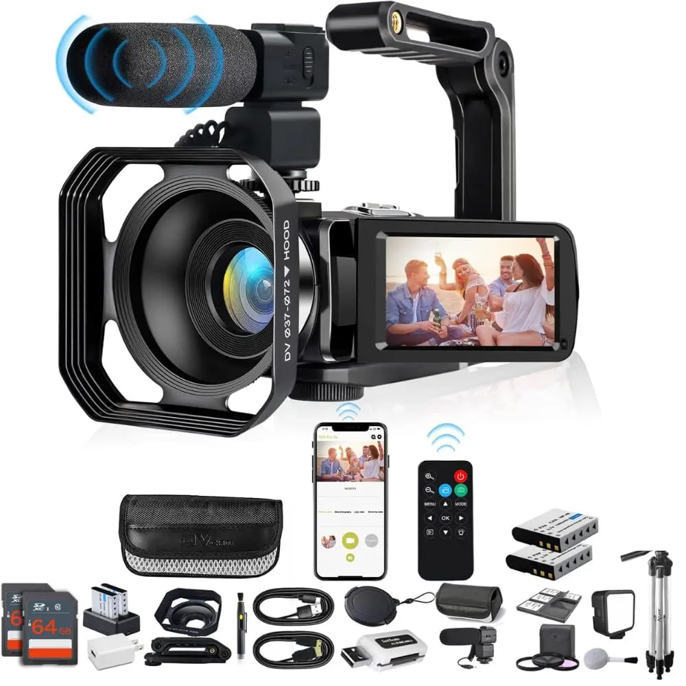 Acuvar 4K Video Camera Camcorder 60FPS 48MP with WiFi, 18X Zoom, Flip Screen, External Mic, Stabilizer & Tripod – Vlogging Camera Kit with 2 Batteries, Dual Charger & 64GB SD Card for YouTube