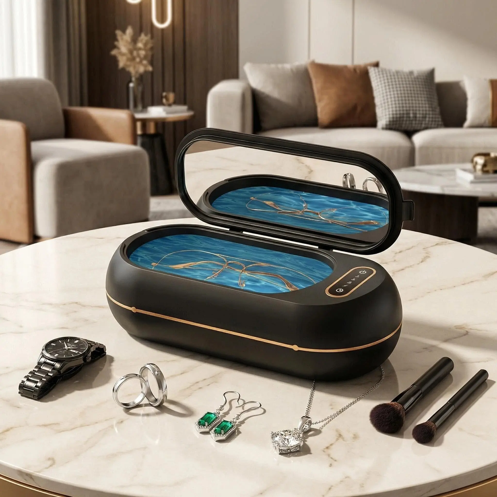 48000Hz Ultrasonic Jewelry Cleaner - Portable USB Automatic Makeup Brush Cleaner, 5-Minute Automatic Clean, Fast Deep Cleaning Tool for Travel & Home Use (Jewelry, Eyeglasses, Rings, Watch Straps, Dentures), Makeup Brush Cleaners