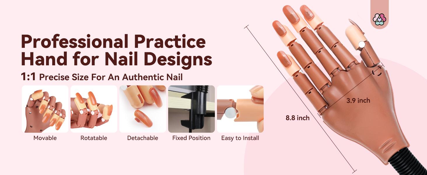 SAVILAND Practice Hand Kit: Flexible Movable Fake Hand for Acrylic Nails with 200 Nail Tips Glue Brush Clipper—Ideal for Beginners Manicure Training