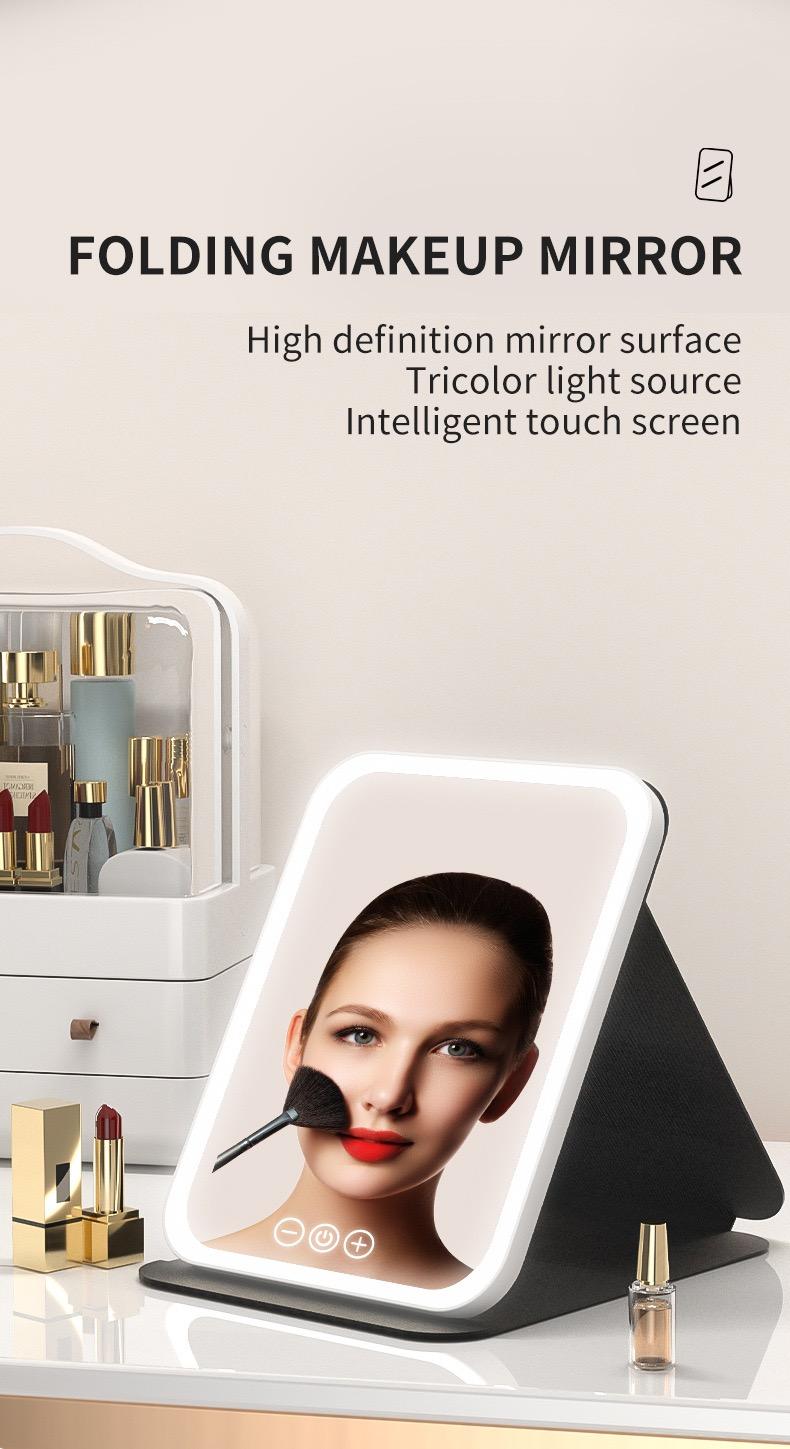 Makeup Mirror with Lights, USB Rechargeable Vanity Mirror with Stand, 3 Color LED Lighting Dimmable Brightness
