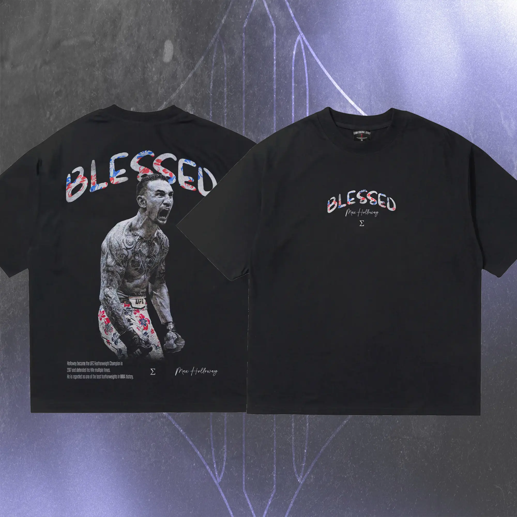 Max Holloway "Blessed" v3 Hawaii Hibiscus UFC Heavy Cotton Shirt BMF Tshirt UFC Hoodie Sweater Fan Apparel Menswear Direct-to-garment Breathable Printing