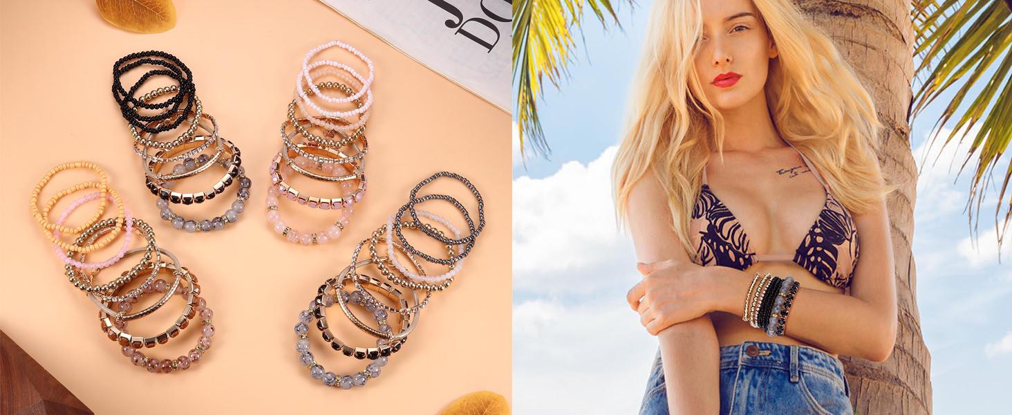 MILACOLATO 4 Sets Boho Bracelets for Women Multi-Color Layered Stackable Natural Beaded Bracelets Adjustable Stretch Bohemian Bracelets Elegant Bangle