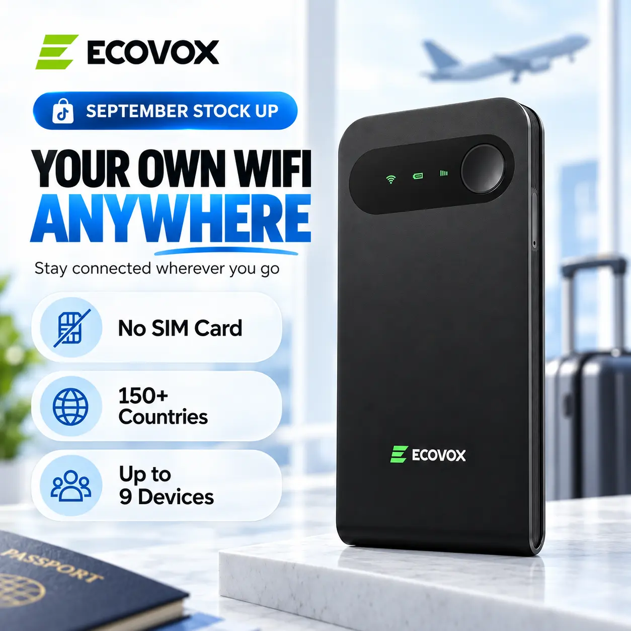 ECOVOX 2026 Portable Wireless WiFi Hotspot - 4G LTE WiFi 6 High Speed USB-C Pocket Router, No SIM Card Needed, Linux Compatible, Connect Up to 9 Devices, 150+ International Countries Supported, Free 1GB Data, Travel Essential | September Stock Up