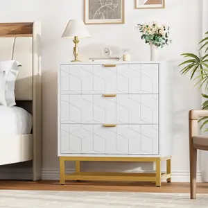 3 Drawer Dresser, Wood Chest Drawers with Storage for Closet, Bedroom, Drawers Dresser Modern Bedside Nightstand with Gold Handles, White