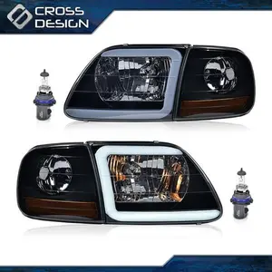CROSSDESIGN Fit For 97-04 F150 Expedition Smoke LED Tube Headlights & Corner Parking Lights