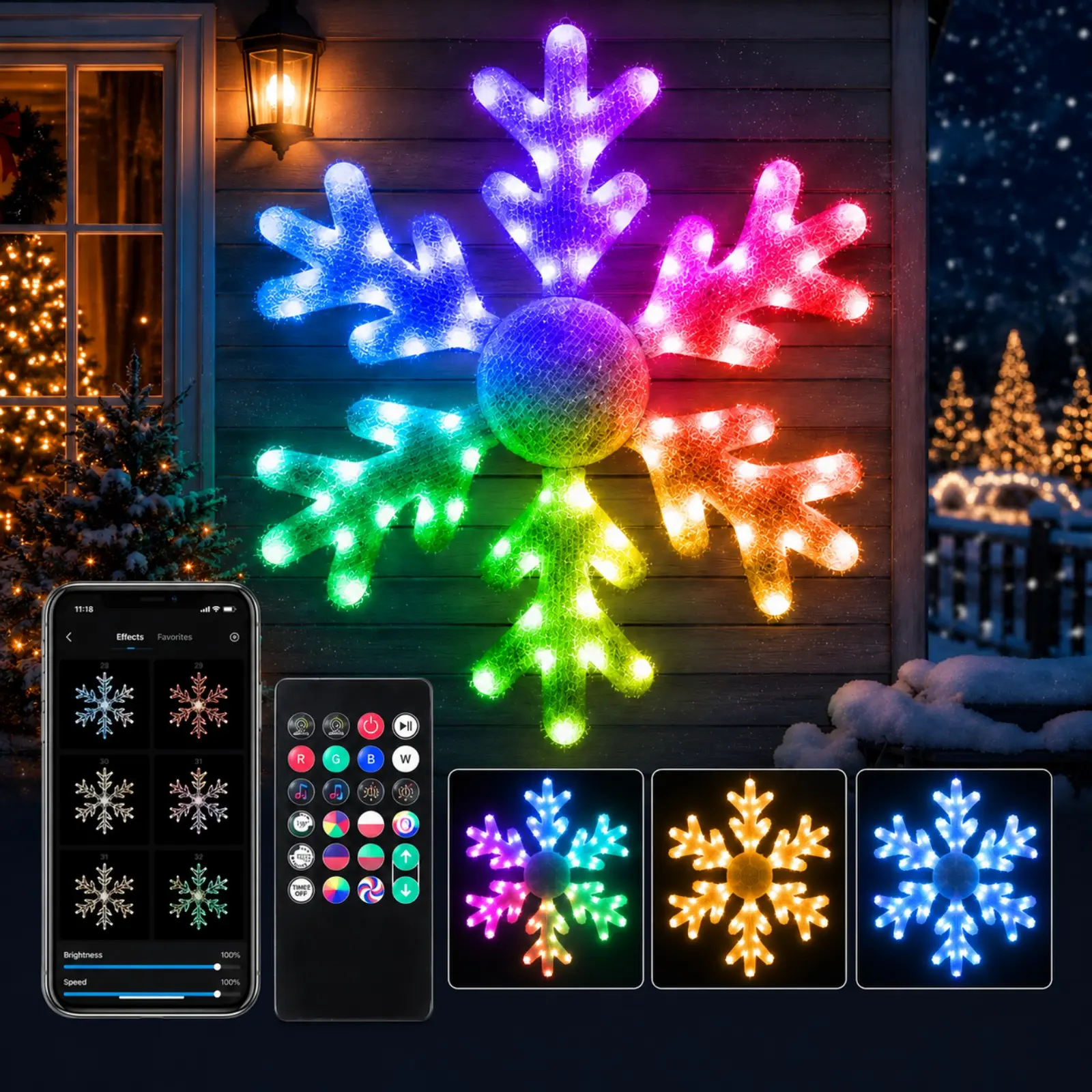 Avatar Controls 32-in Iron Giant Snowflake LED Lights - Outdoor App-Button Control, DIY Mood Lighting, Musical Sync Chasing Effect, Big Folding Plug-In Window Hanging Prelit Holiday Decorations