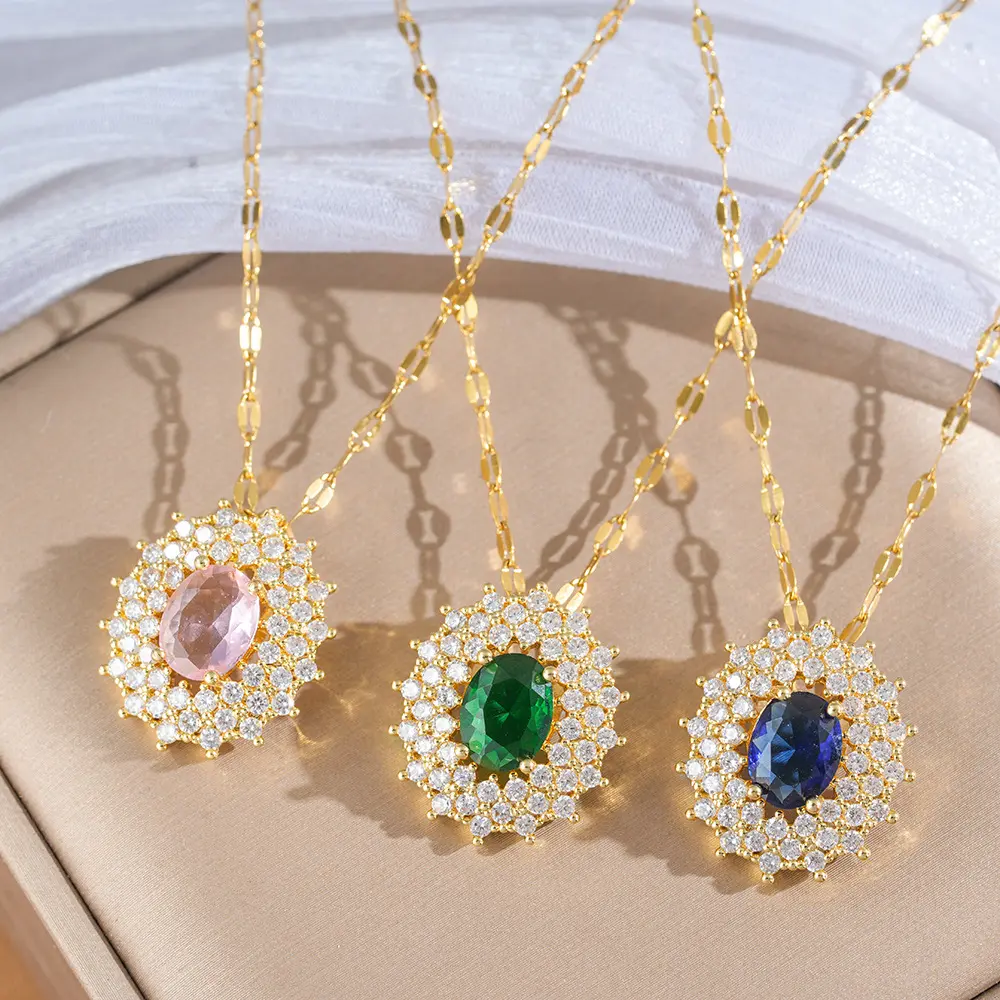 Multi Colors Oval Gemstone Halo Pendant Necklaces for Women Girls, Gold Double Layer Thin Chain Full Paved Rhinestone Statement Choker, Non Tarnish Vintage Luxury Royal Jewelry, Trendy Wedding Bridal Banquet Date Valentine Holiday Gift Accessory