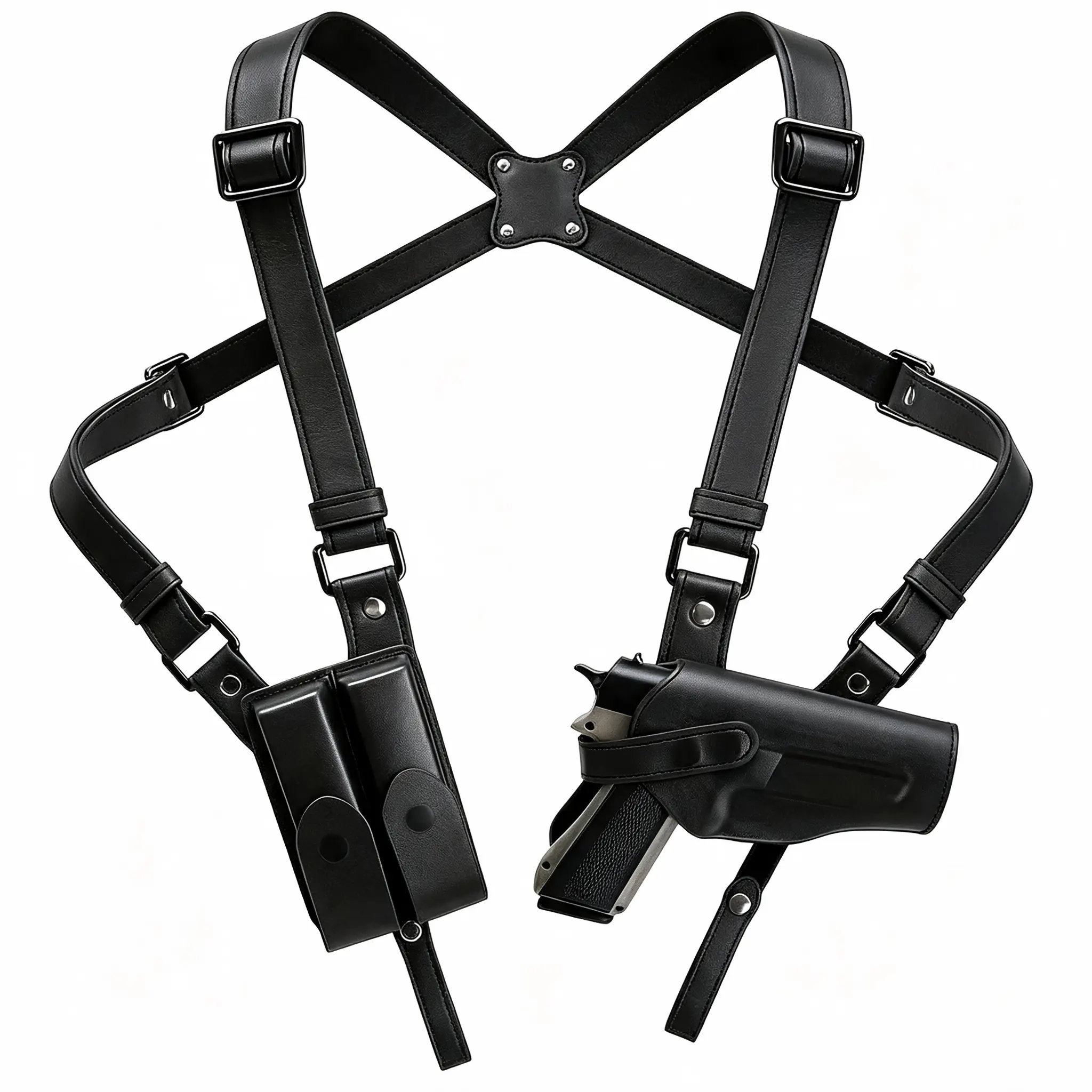 Men's Black Leather Vertical Shoulder Holster - Adjustable Underarm Strap Rig, 42cm, Dual Magazine Pockets, Secure 1911 Pistol Carry, Hunt Gear Accessories with Discreet Carry That Enhances Safety